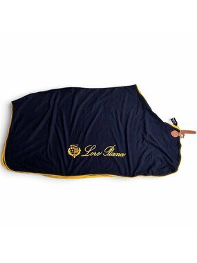 Loro Piana Cashmere Logo Embroidery Horse Rug Belted Blanket Navy